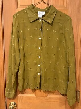Vintage 90’s 100% Silk Tess Sheer Olive Green Button Down Embroidered Blouse, L